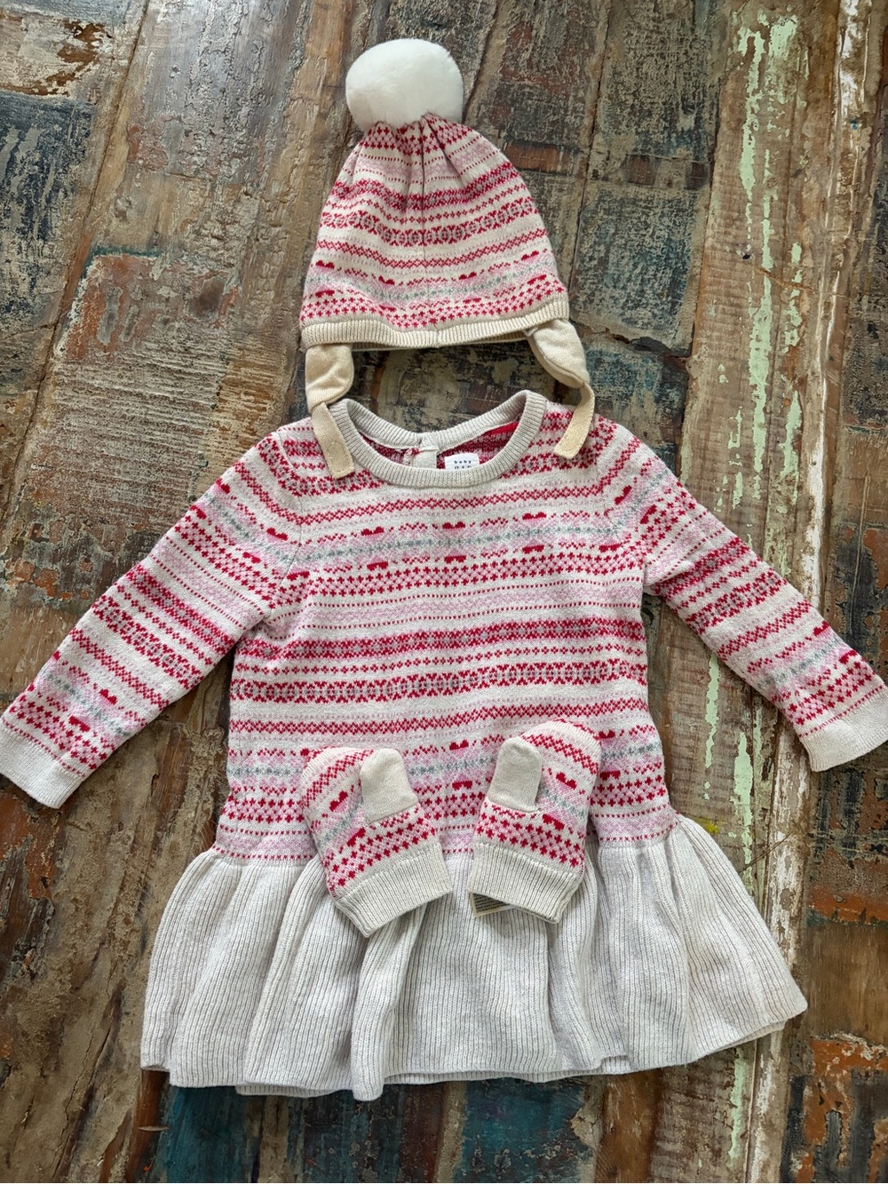 Baby GAP Pink Fair Isle Knit Dress, Hat & Mittens Set